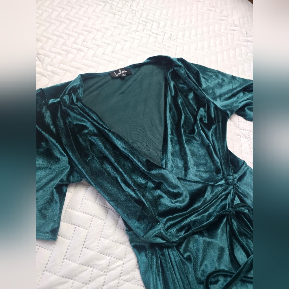 Lulus Amour Teal Green Velvet High-Low Wrap Dress - Picture 6 of 11